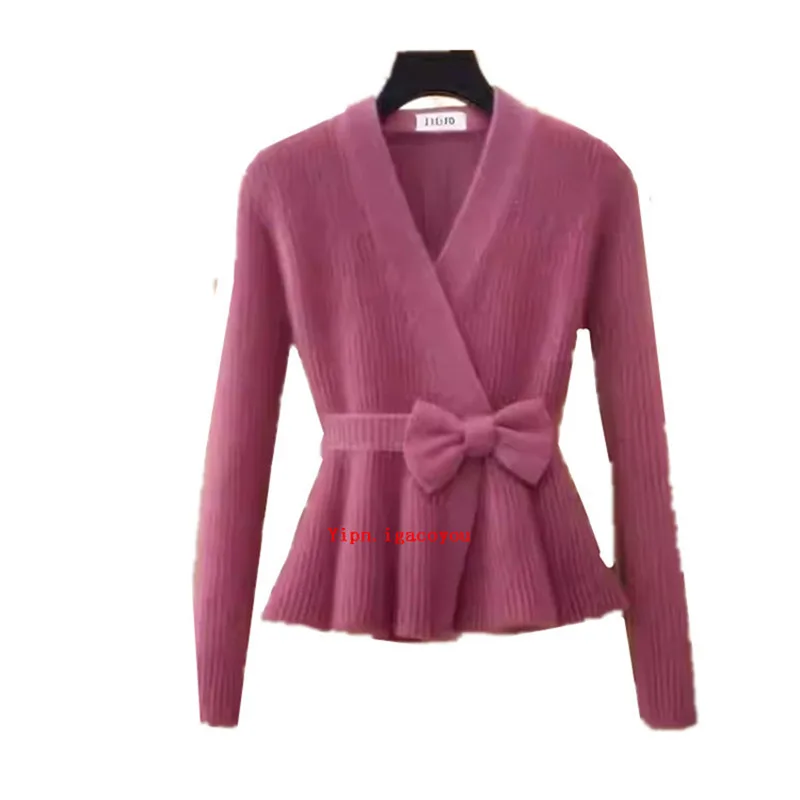 Autumn Winter New Knitted Sweater Pullover Women Fashion Temperament Bow Office V-Neck Long Sleeve Slim Jumper Female Tops B740