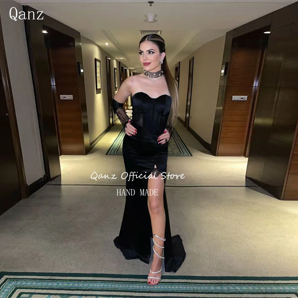 

Qanz Formal Black Prom Dress High Slit Black Satin Mermaid Dress Women Party Lace Corset Long Sleeves Evening Gowns Customized