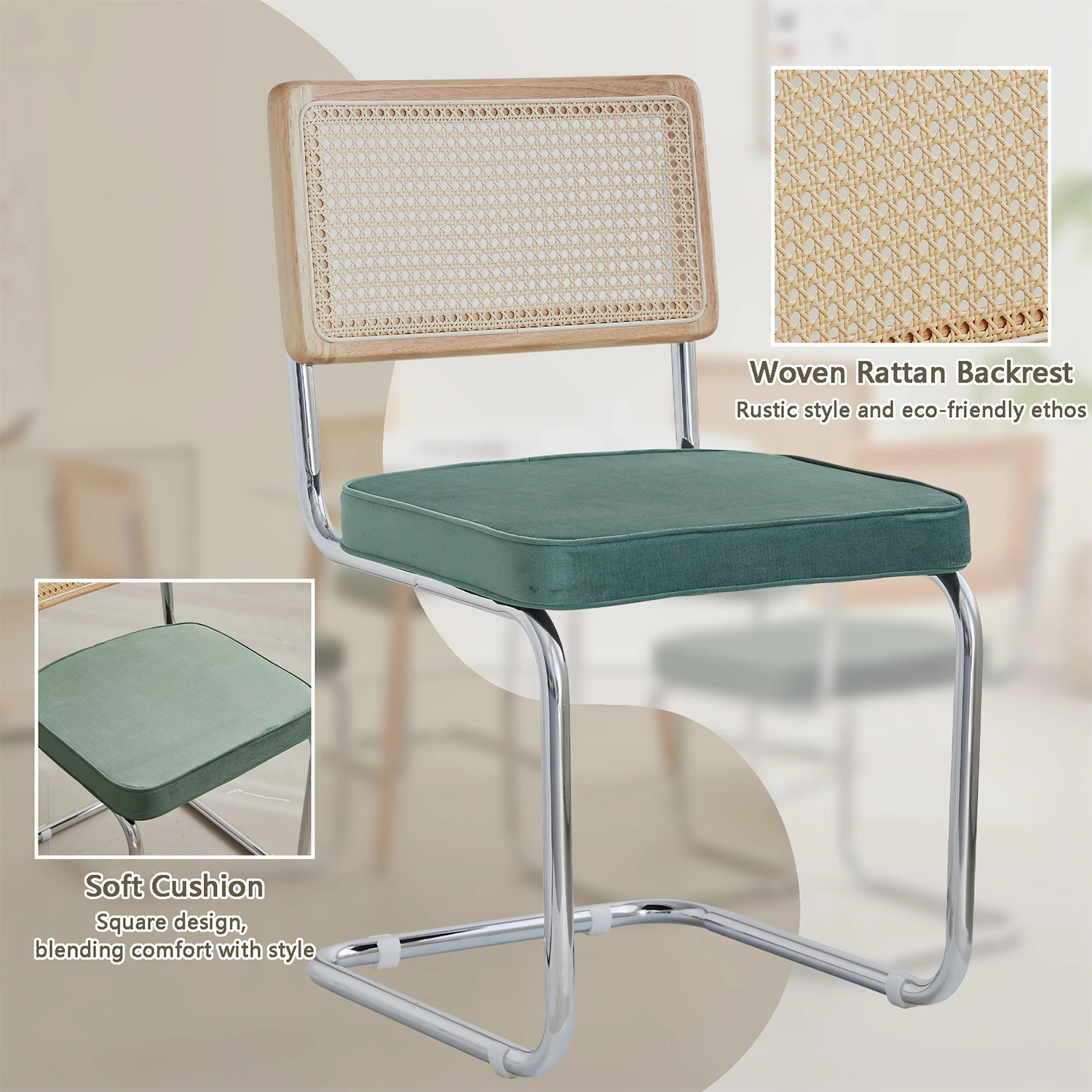 GrandCA HOME 2/4 Stück nordische Esszimmerstühle, mit holländischem Samt gepolstert, Edelstahlrahmen, Stühle mit Rattan-Rückenlehne für Wohnzimmer – Detail 4