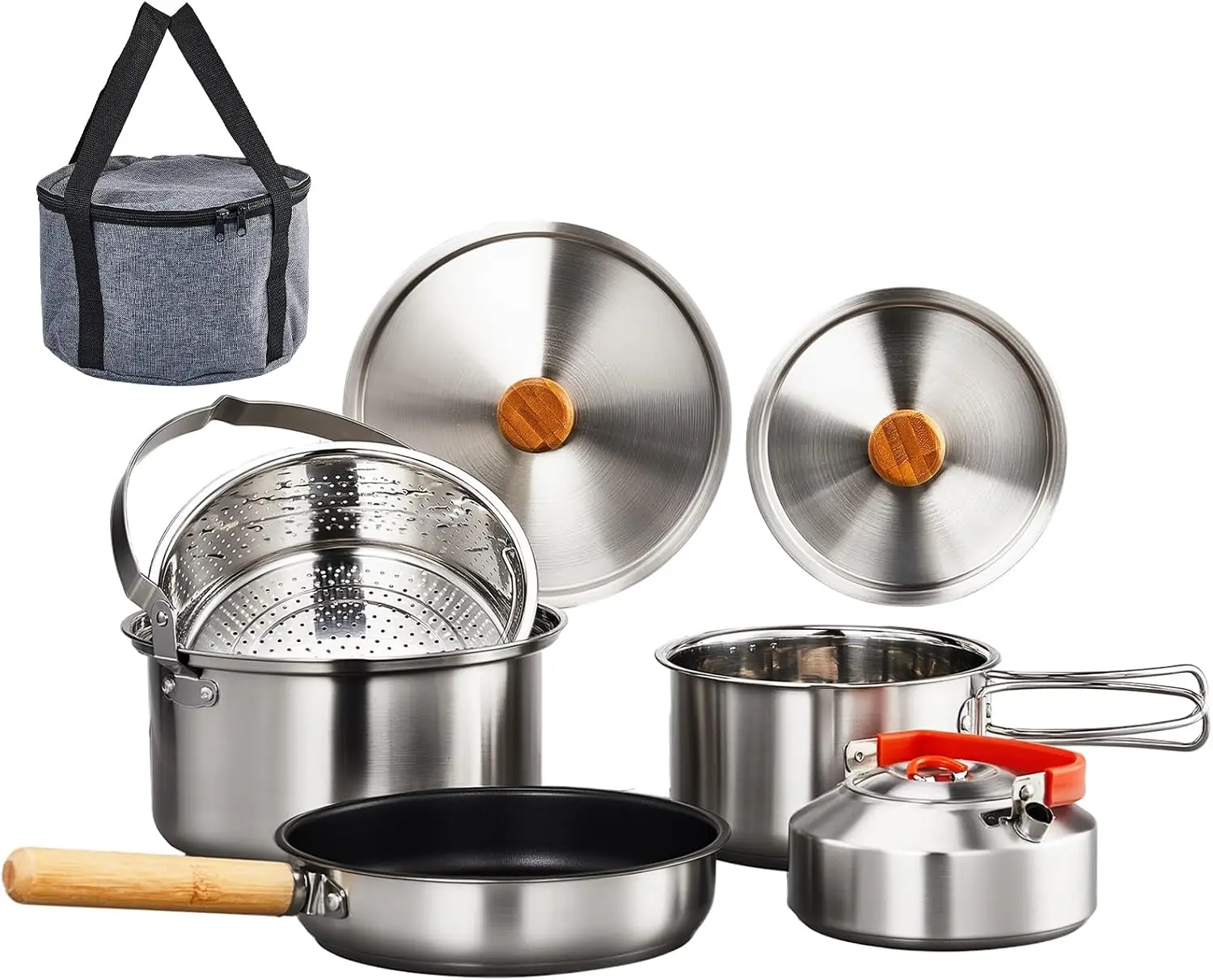 6pcs Cookware Set, 304 Stainless Steel Lightweight Non-Stick Pot, Kettle and Spin with Travel Tote Bag for Open Fire, Camping, Outdoor Cooking for 4-6