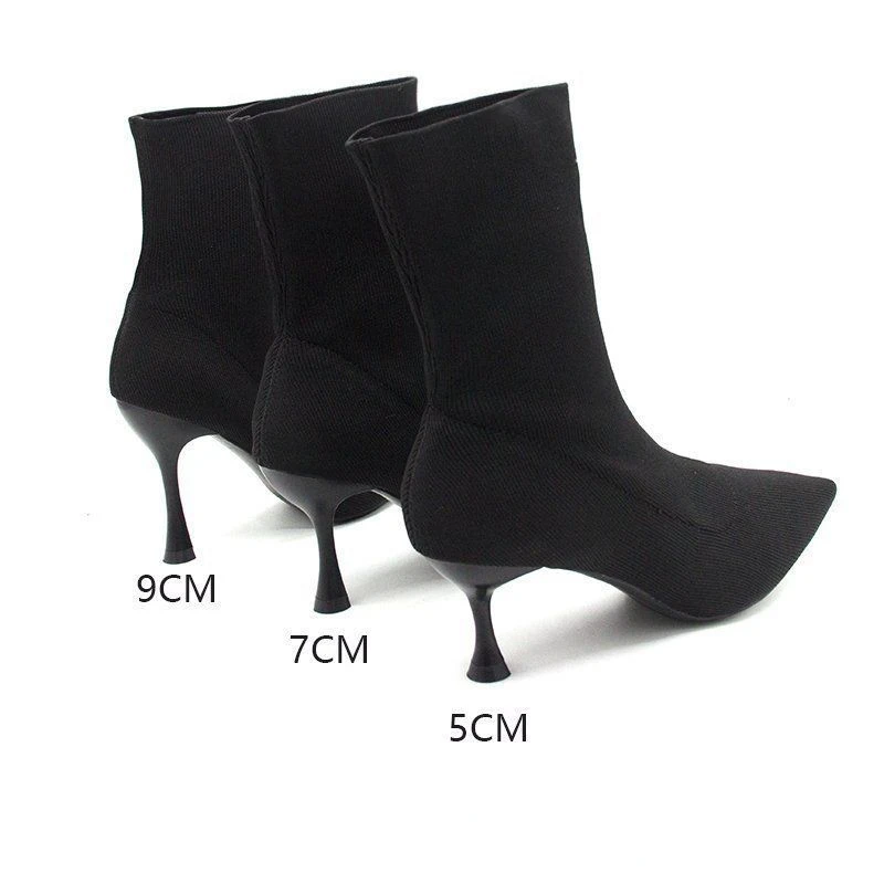 

Heel 9cm 7cm 5cm Stretch Fabric Socks Boots Women Black Shoes Elegant Pointed Toe Knitting Elastic Ankle Boots for Women