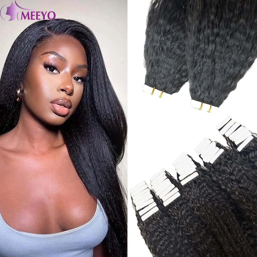 Extensões de cabelo kinky fita reta em extensões de cabelo humano trama da pele natural preto invisível adesivo remy cabelo peruca