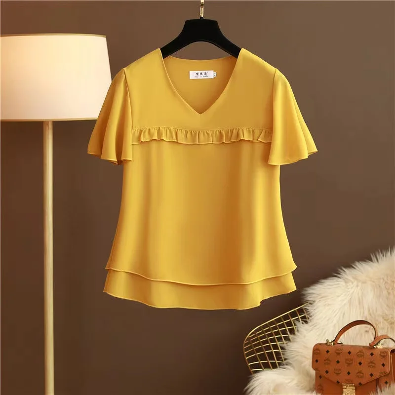 New Arrival Fashion Brand 2024 Summer New Women\'s Chiffon Shirt V-neck Short-sleeved Top Large Size Loose and Thin Women\'s Shirt