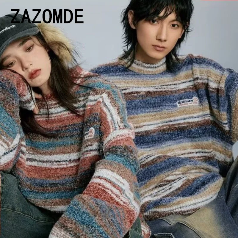 ZAZOMDE 2024 Autumn Winter New Arrival Fashionable Trendy Striped Knit Pullover Vintage Color Blocking Design Unisex Couple Tops