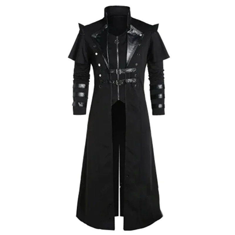 Armadura medieval Disfraz de pirata de elfos Steampunk Medieval para hombre adulto, Chaqueta larga dividida negra, abrigos de cuero de armadura