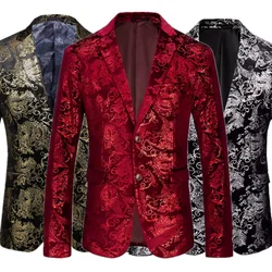 Luxury Golden Velvet Suit Jackets Men Business Social Wedding Groom Tuxedo Dress Homme Slim Fit Single Breasted Printed Blazers