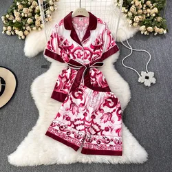 Fashion Summer Holidays Blue And White Porcelain 2 Piece Set Women Short Sleeve Loose Shirts Tops+Flower Printed Short Pants Set