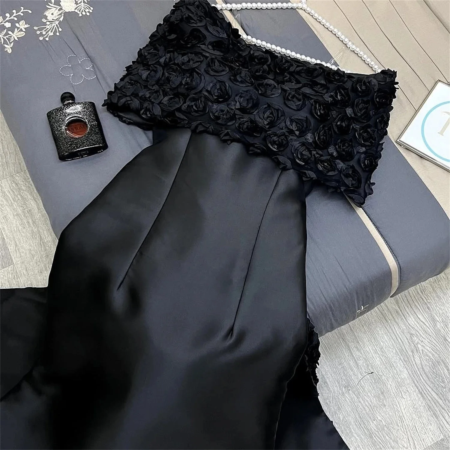 

Black Strapless Floral Long Bespoke Occasion Gown Evening Dresses Prom Pastrol Unisex Jersey Retro Dubai Saudi Arabic Customized