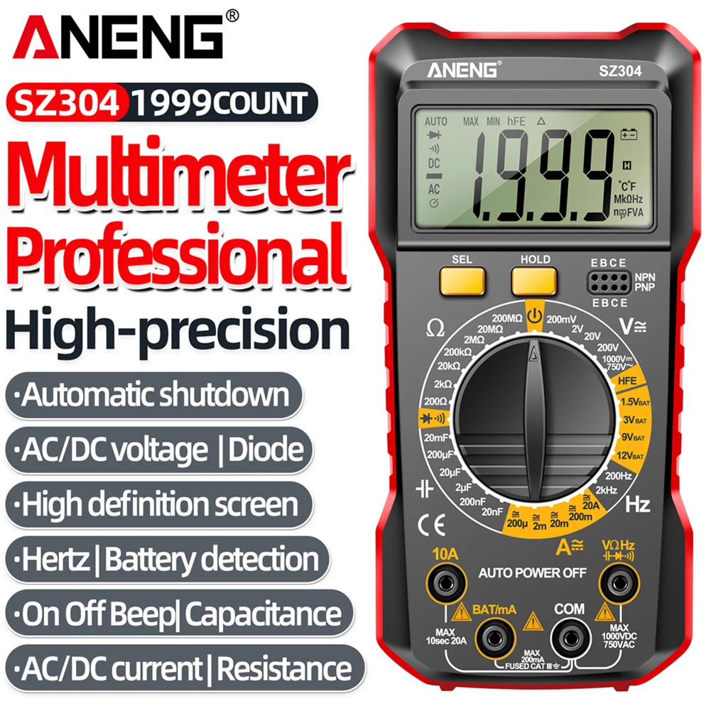 Digital Multimeter Auto-Ranging Voltage Resistance Meter Multifunctional Votage Current Ohm Test Tool for Diode/Transistor Check