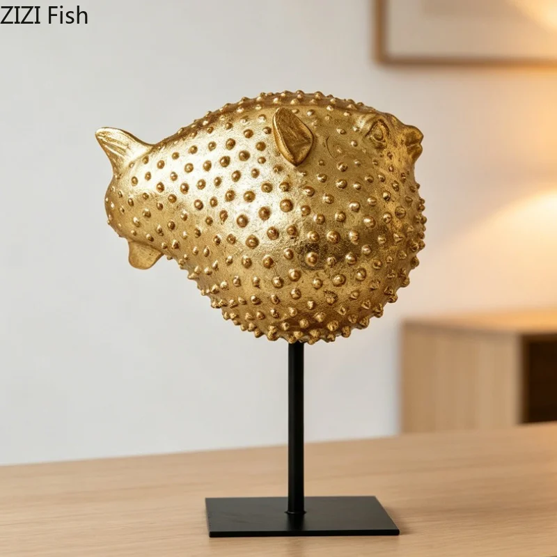 Golden Pufferfish Ornament Resin Animal Statue Art Sculpture Model Desktop Decoration Crafts Figurines Room Aesthetic Decor