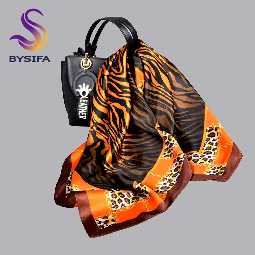 

BYSIFA| Fashion Coffee Striped Women Silk Scarf Head Scarf Spring Square Scarves Capes Fouldard 70*70cm Fall Winter Neck Scarves