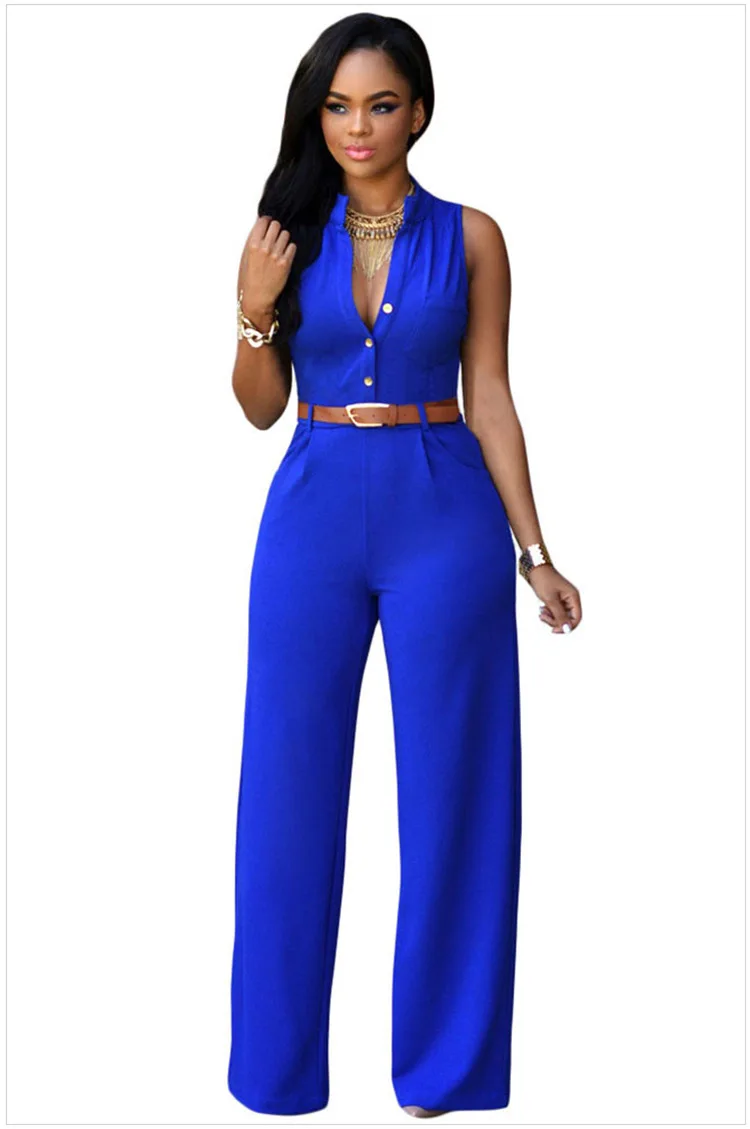 Elegant Women's Jumpsuits Belt Summer High Waist Wide Leg Button V-neck Sleeveless Casual Sexy Solid Blue Office Lady Rompers