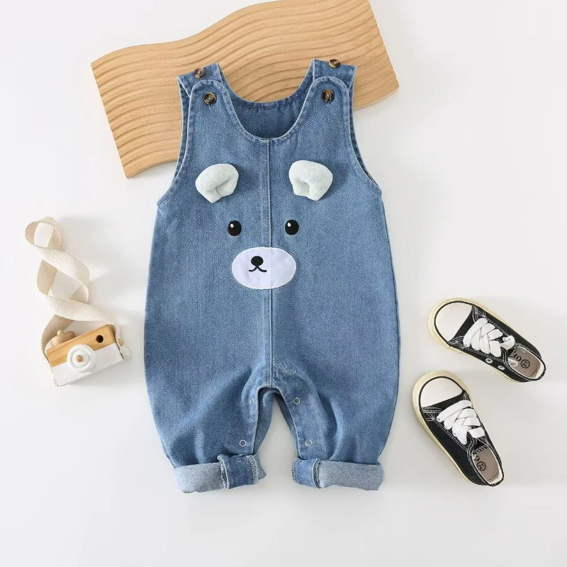 Baby Soft Denim Overalls Boys & Girls Cute 3D Bear Romper Sleeveless Vest Jumpsuit for Toddlers Spring & Autumn Crawling Outfit