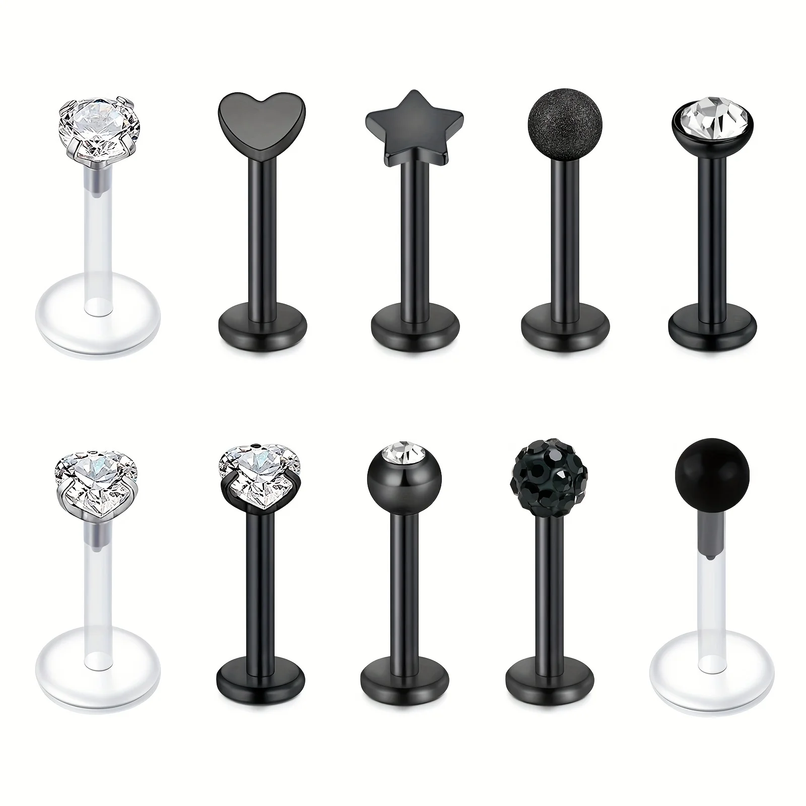 10pcs Lip Studs Clear Retainer Helix Tragus Earrings Bioflex Stainless Steel Plastic Cz Heart Labret Medusa Monroe Piercing