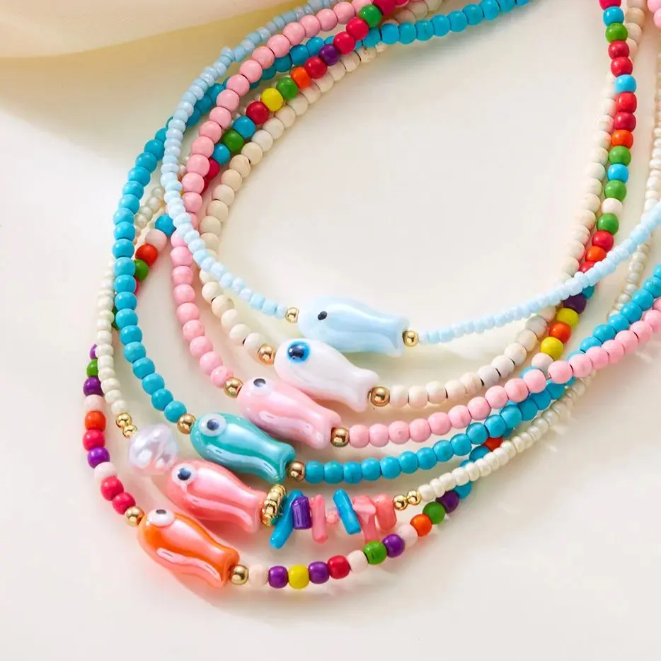 

Bohemian Ceramic Fish Rice Beads Choker Necklace for Women Handmade Starfish Pendant Necklace Seaside Vacation Party Jewelry
