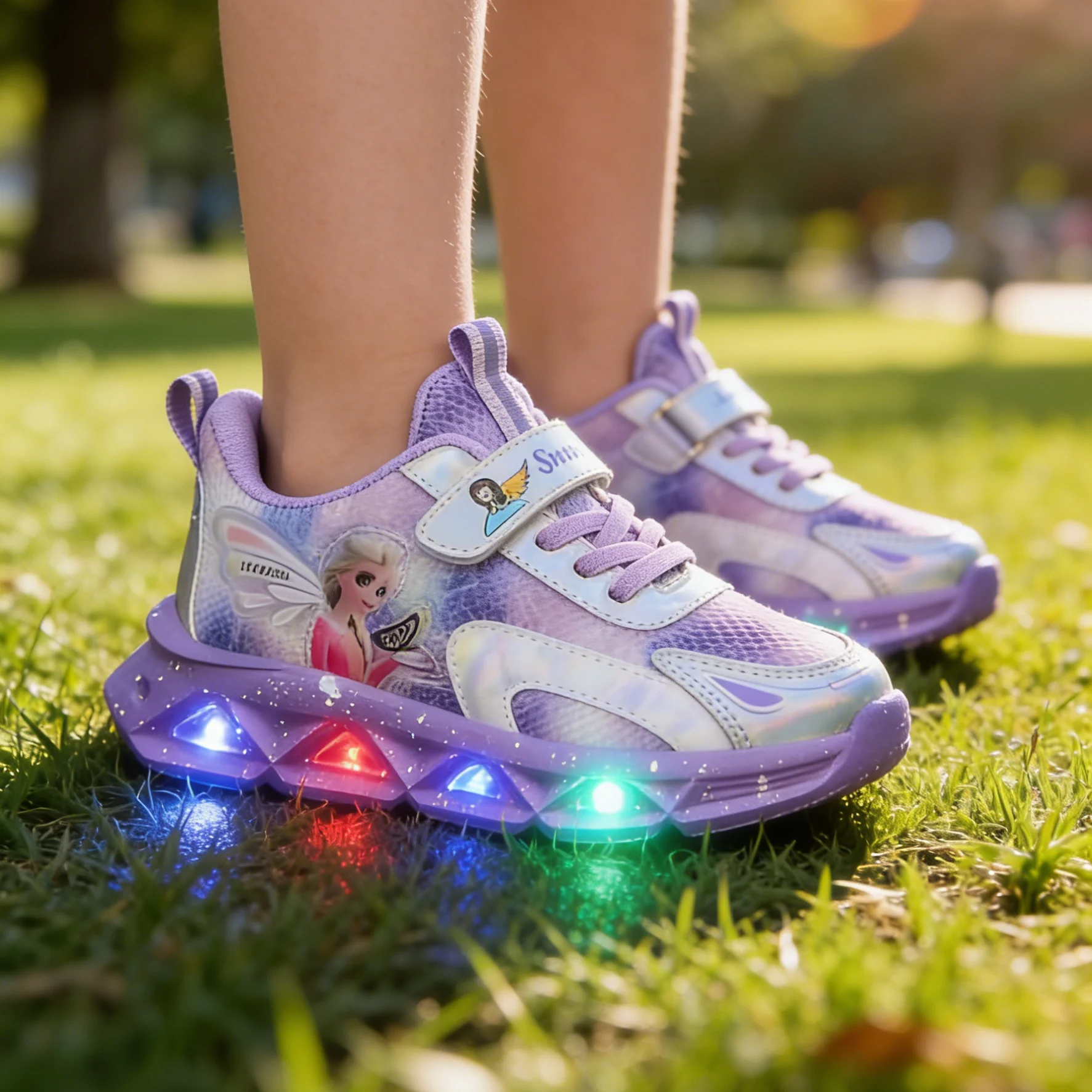

Disney Girls' Princess Elsa Shoes 2026 Spring Summer LED Light Frozen PU Leather Girls' Sports Purple Pink Princess Elsa Shoes
