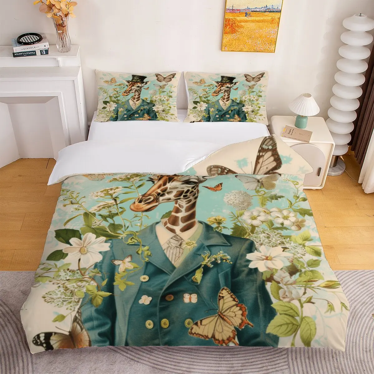 Giraffe Gentleman  duvet cover   Floral background  1 duvet cover, 2 pillowcases, 3 pieces