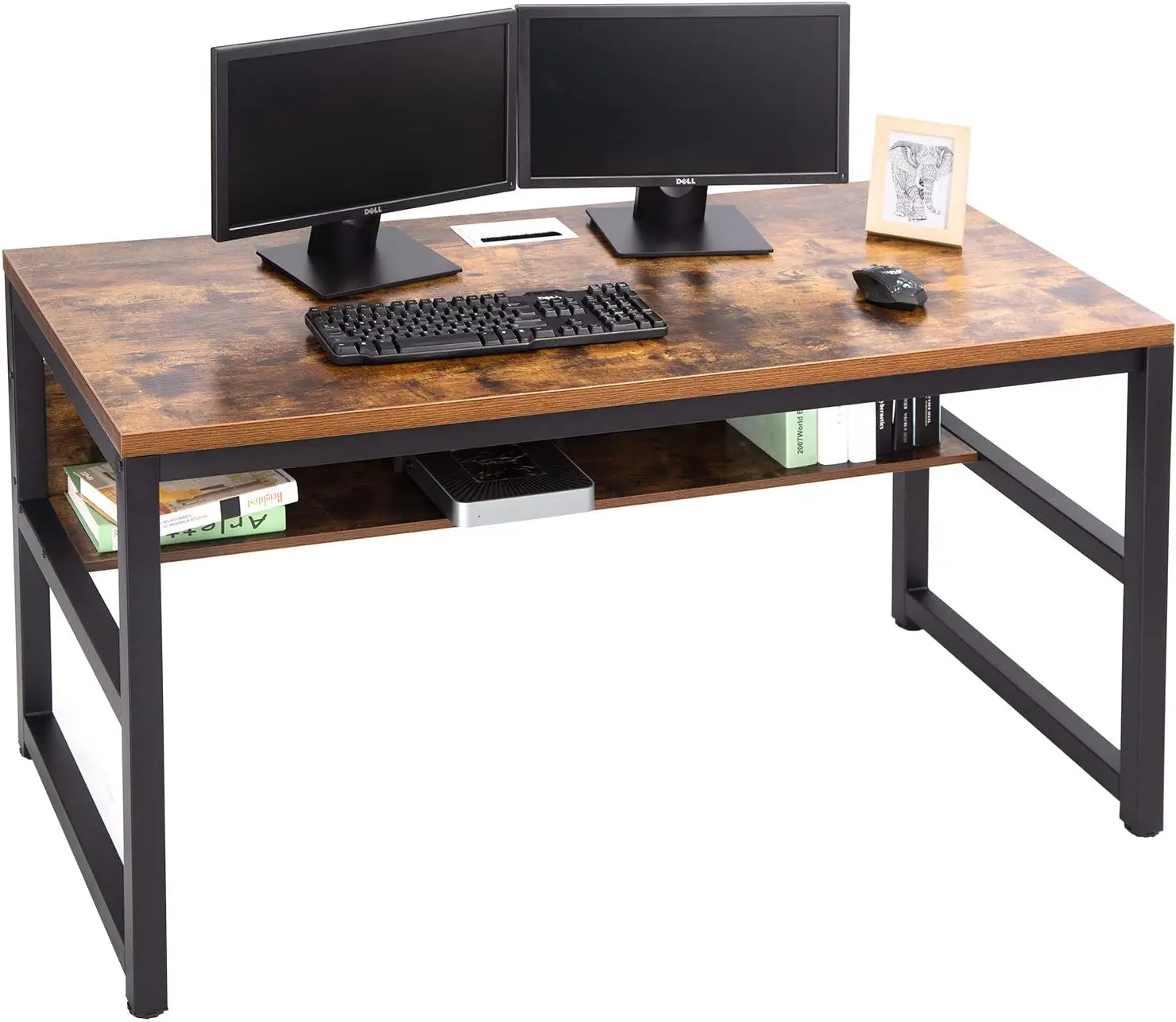 

Computer Desk with Bookshelf/Metal Hole Cable Cover 1.18" Thick Desk (55", Rustic Brown)