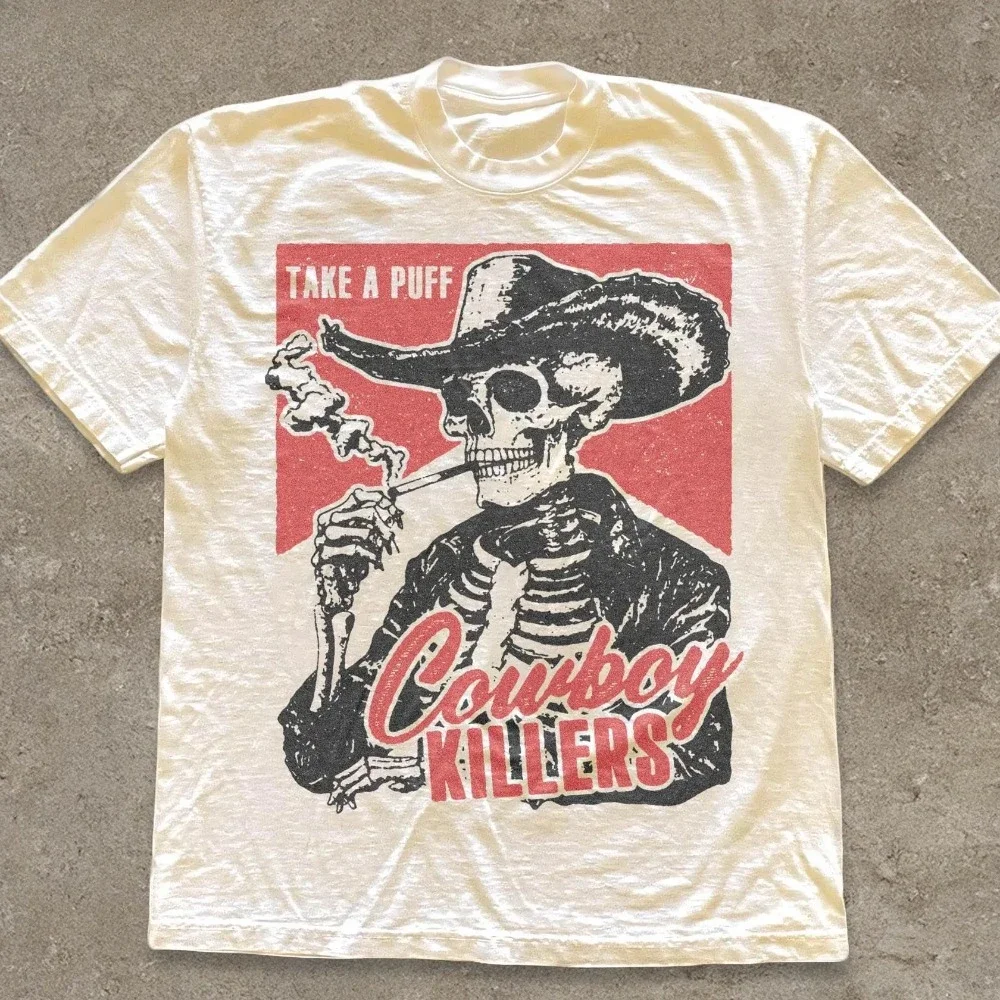 Skull Smoking Cowboy Killer T-shirt Fun Skull Pattern Retro Western Punk Style T-shirt Pure Cotton All-Season Couple Top