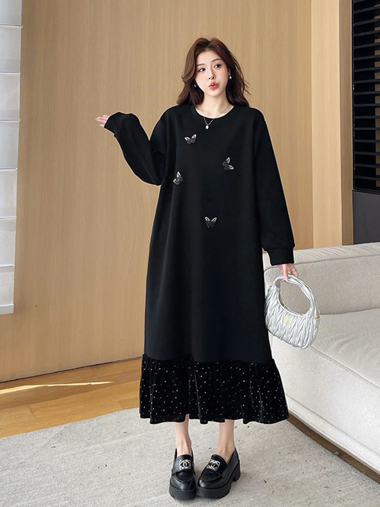 NYFS 2025 خريف شتاء جديد إمرأة فستان طويل فضفاض حجم كبير رداء المرقعة المخملية ذيل السمكة هيم Elbise فساتين طويلة #4