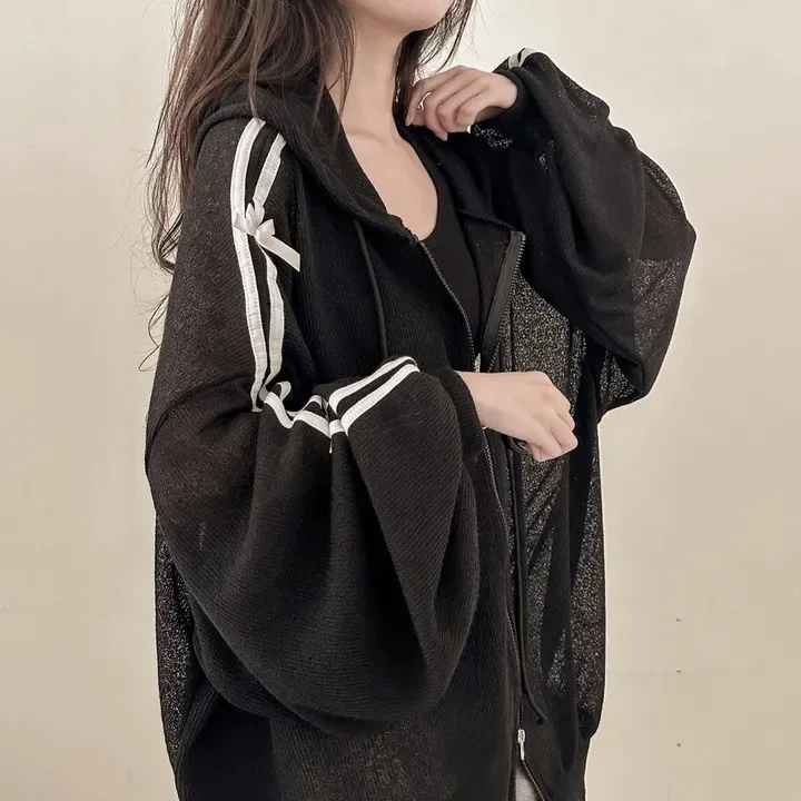 

Summer Thin Loose Slimming Breathable Cardigan Top Plus Size Women Hooded Sun Protection Trendy Black Sunscreen Long Sleeve Top