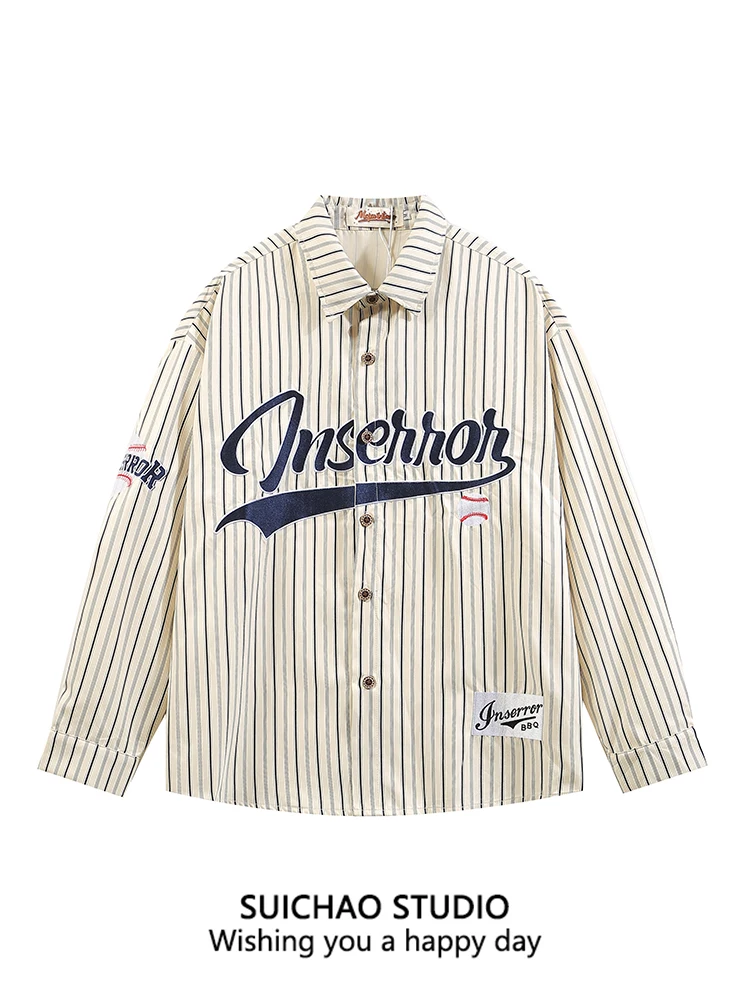 

Suichao American Letter Embroidery Heavyweight Striped Casual Loose Men's irt Campus Sle Polyester Nylon Autumn Long Sve