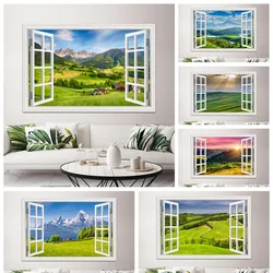 Nature Landscape 3D Fake Window Sticker Green Grassland Mountain Vinyl Decal Room Decor Self-adhesive Wallpaper Peel And Stick