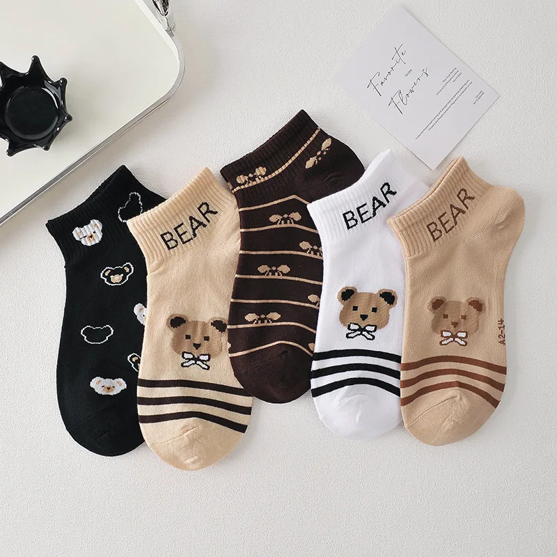 5 Pairs of High Quality Spring/Summer Short Women\'s Socks Cute Animal Striped Pure Cotton Ankle Breathable Girls Socks EU 35-39