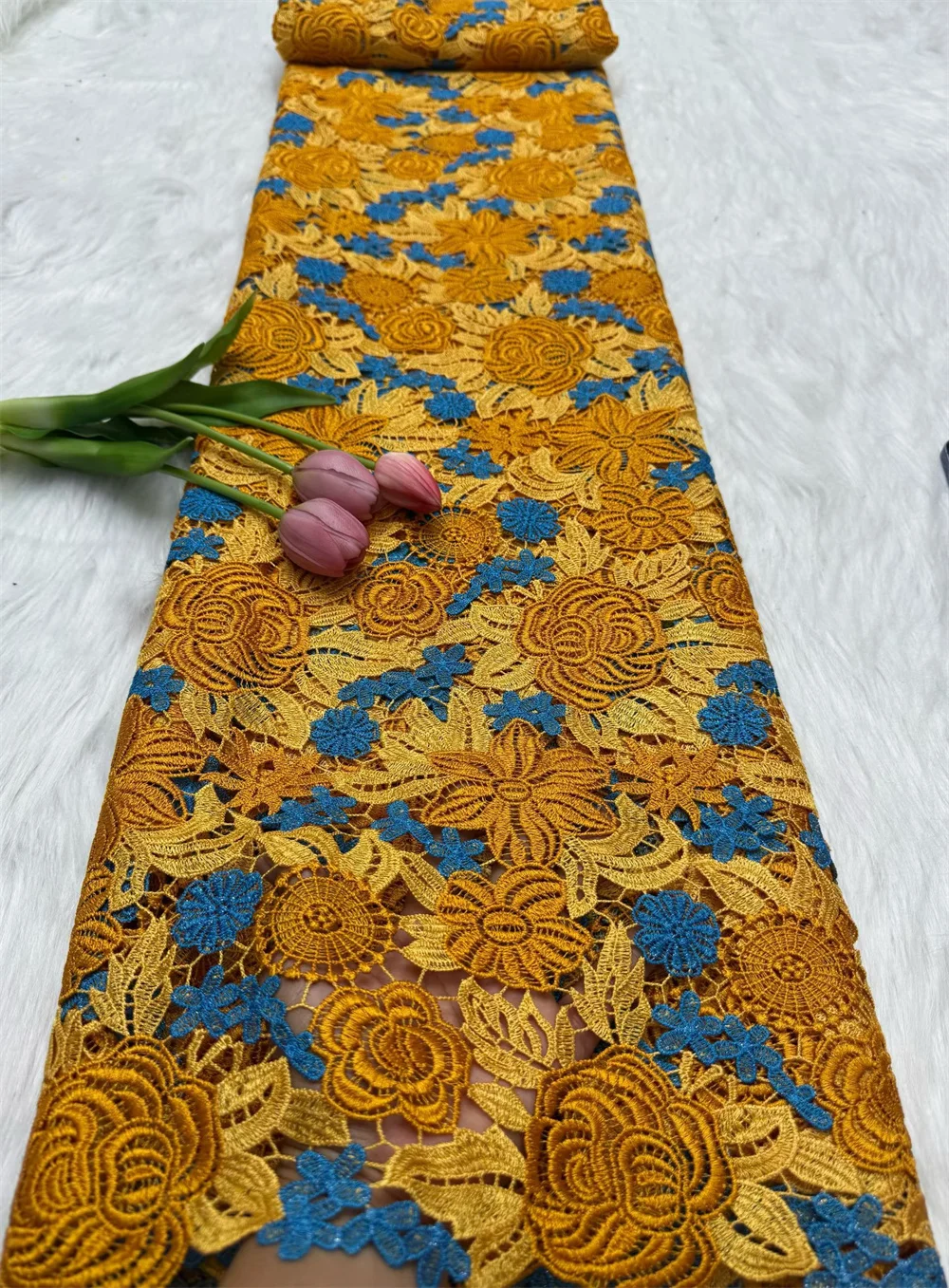 

French Mesh Lace African High-Quality Guipure Lace Fabric 5 Yard 2025 Orange Luxury Embroidered Cord Lace For Party Dress H134-1