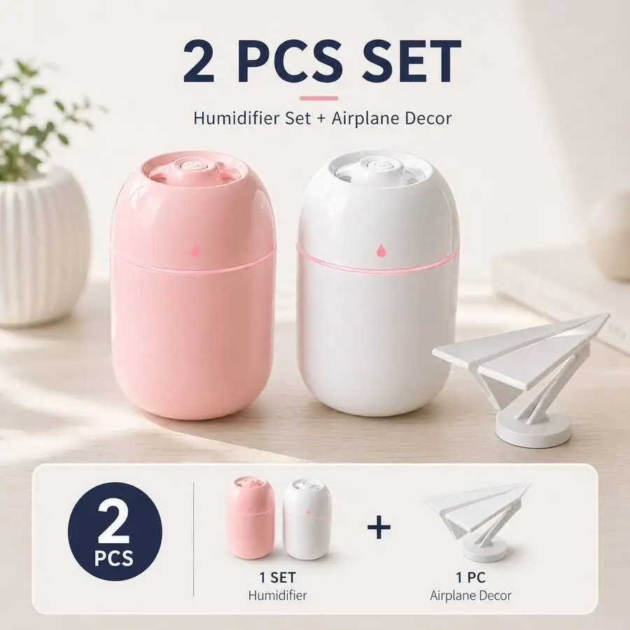 

2pcs Humidifier Set + 1pc Airplane Decor, Portable Mini USB Humidifiers With LED Light & Modern Airplane Ornament, Combo For Bed