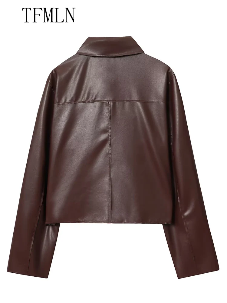 TFMLN Fashion Women Faux Leather Solid Jackets 2025 Autumn Lapel High Street Outwear Chic Single Breasted Pockets Cropped Coats