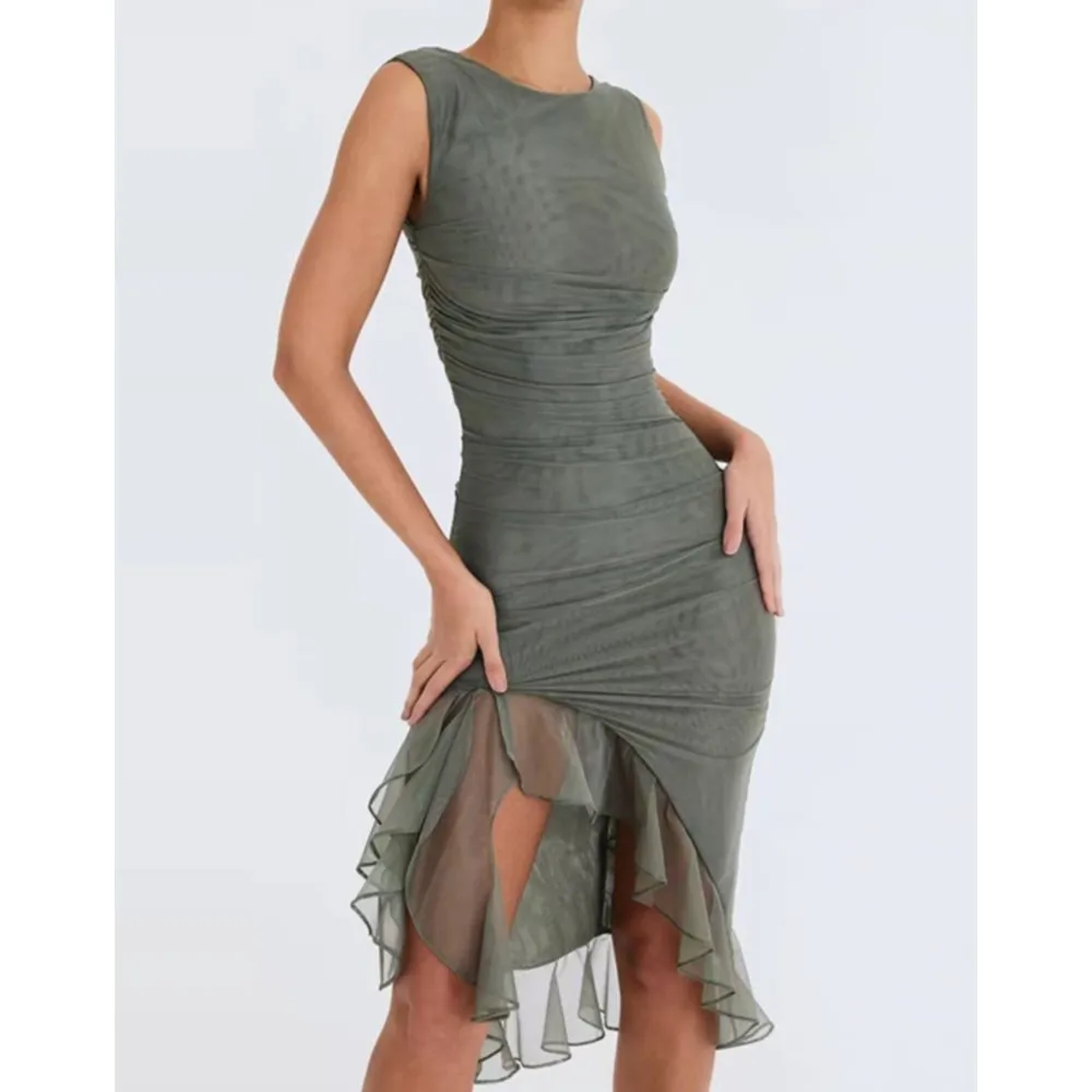 

Tight Backless Ruffle Edge Fashion Irregular Ruffle Edge Summer Women's Round Neck Sleeveless Dress Sexy Club Party Gauze Dress