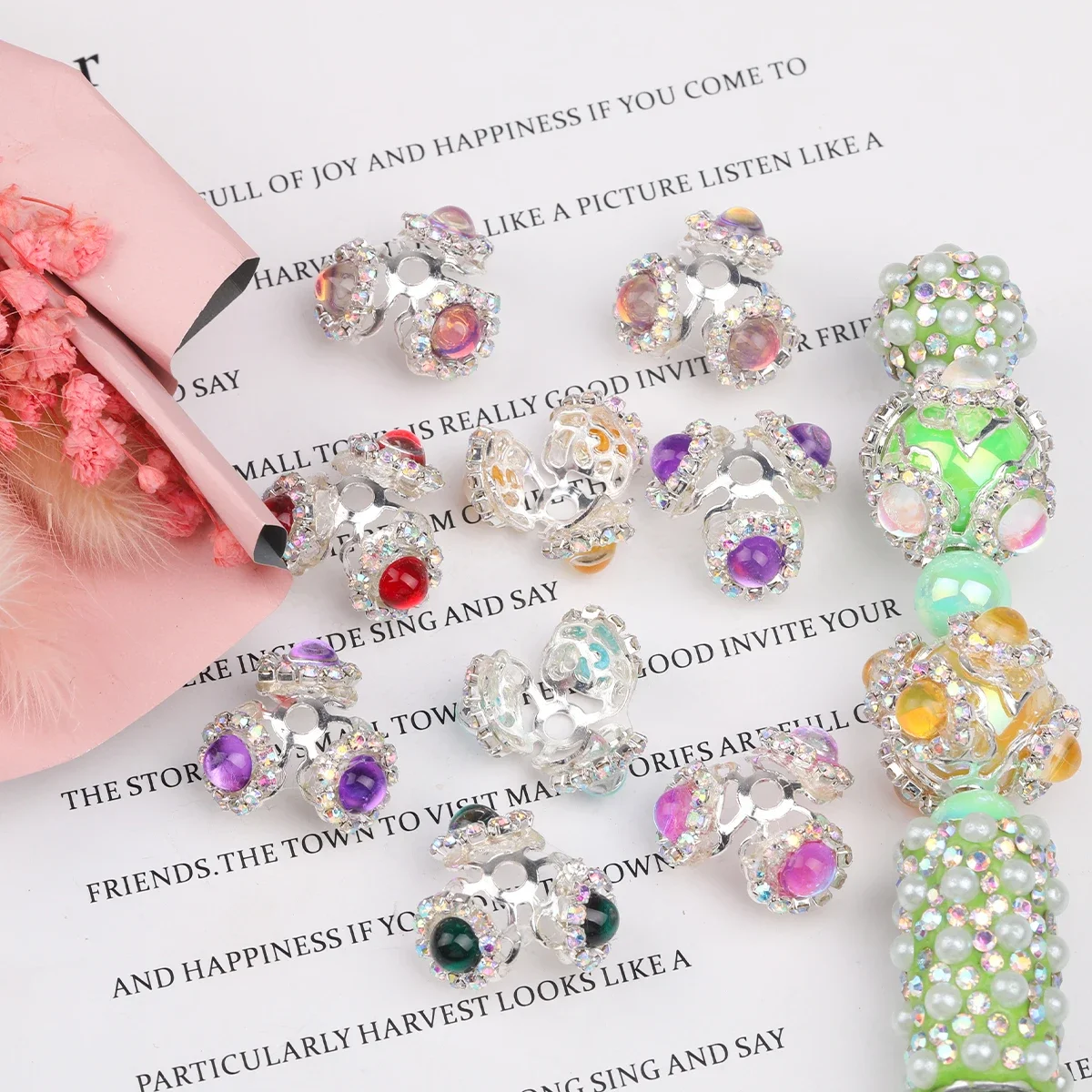 5/10pcs Random Color 21x12mm Hollow Rhinestone Flower Large Hole Zinc Alloy Beads for Bracelet & Decor Pen DIY Craft