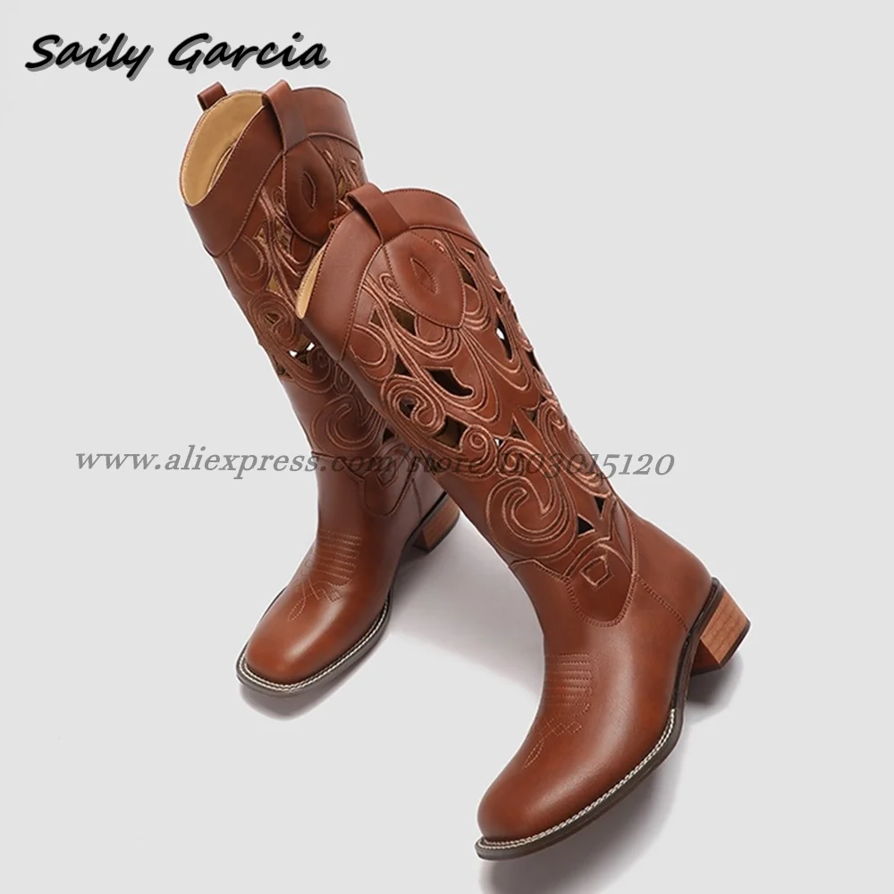 

Retro Brown Hollow Knee High Mid Heel Cowboy Boots Split Cow Leather Slip On Chunky Heel Casual Boots Round Toe Platform Boots