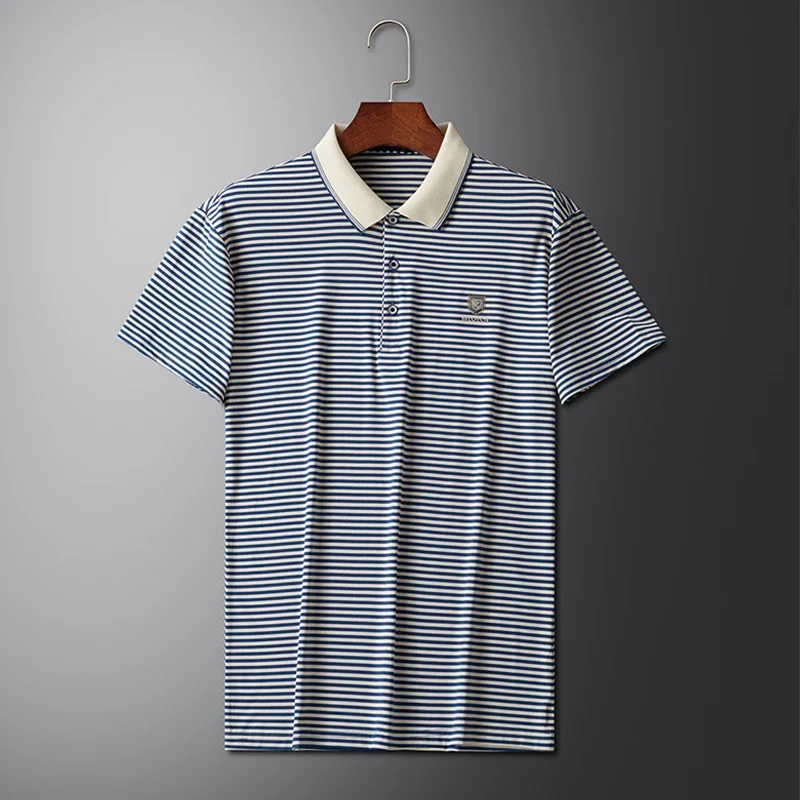 2024 Men\'s New Striped Cotton Business Casual Short Sleeved POLO Shirt Fashion Short Sleeved Comfortable and Breathable Top