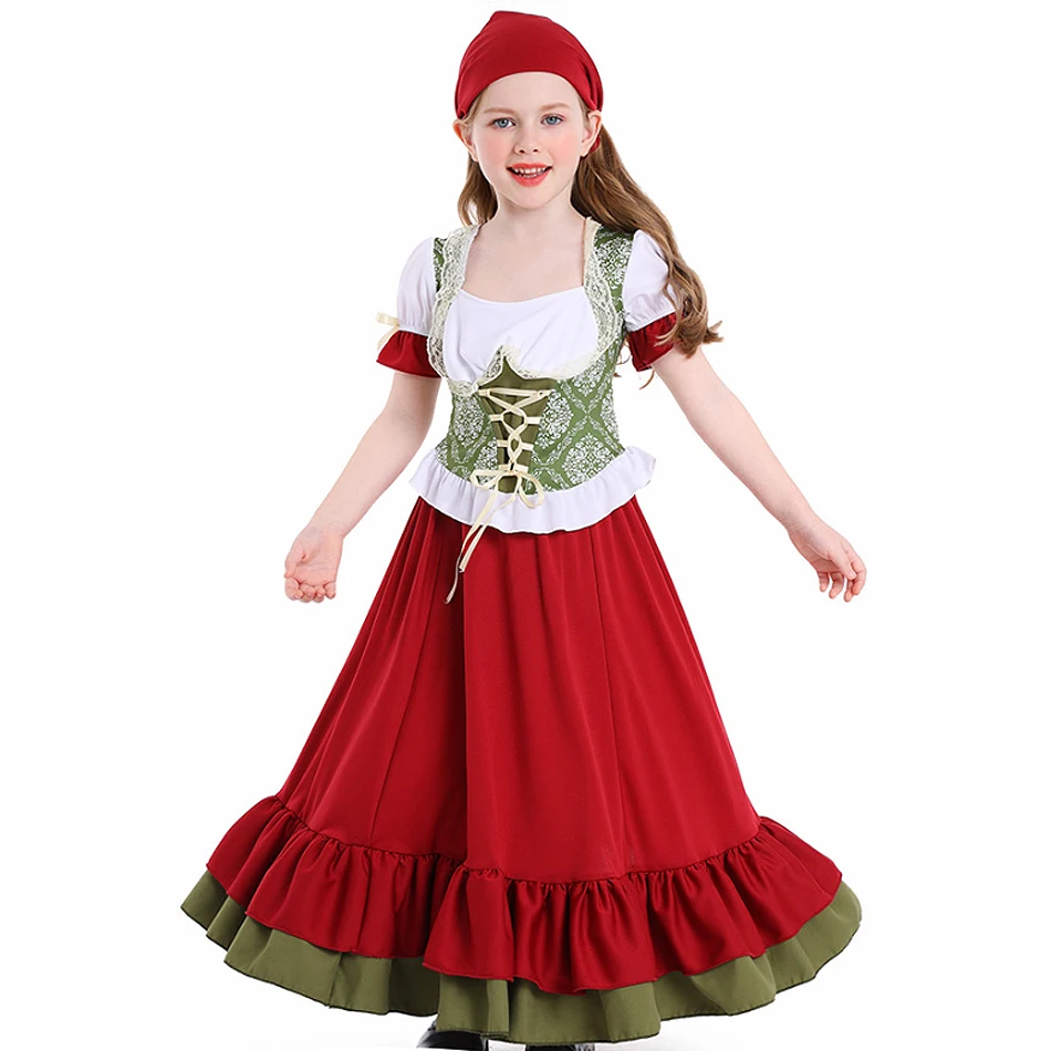 Girl Stage Performance Wine Red Dance Dress Children Beer Festival Split Skirt Set Kid Pastoral Print Carnival Halloween Costume