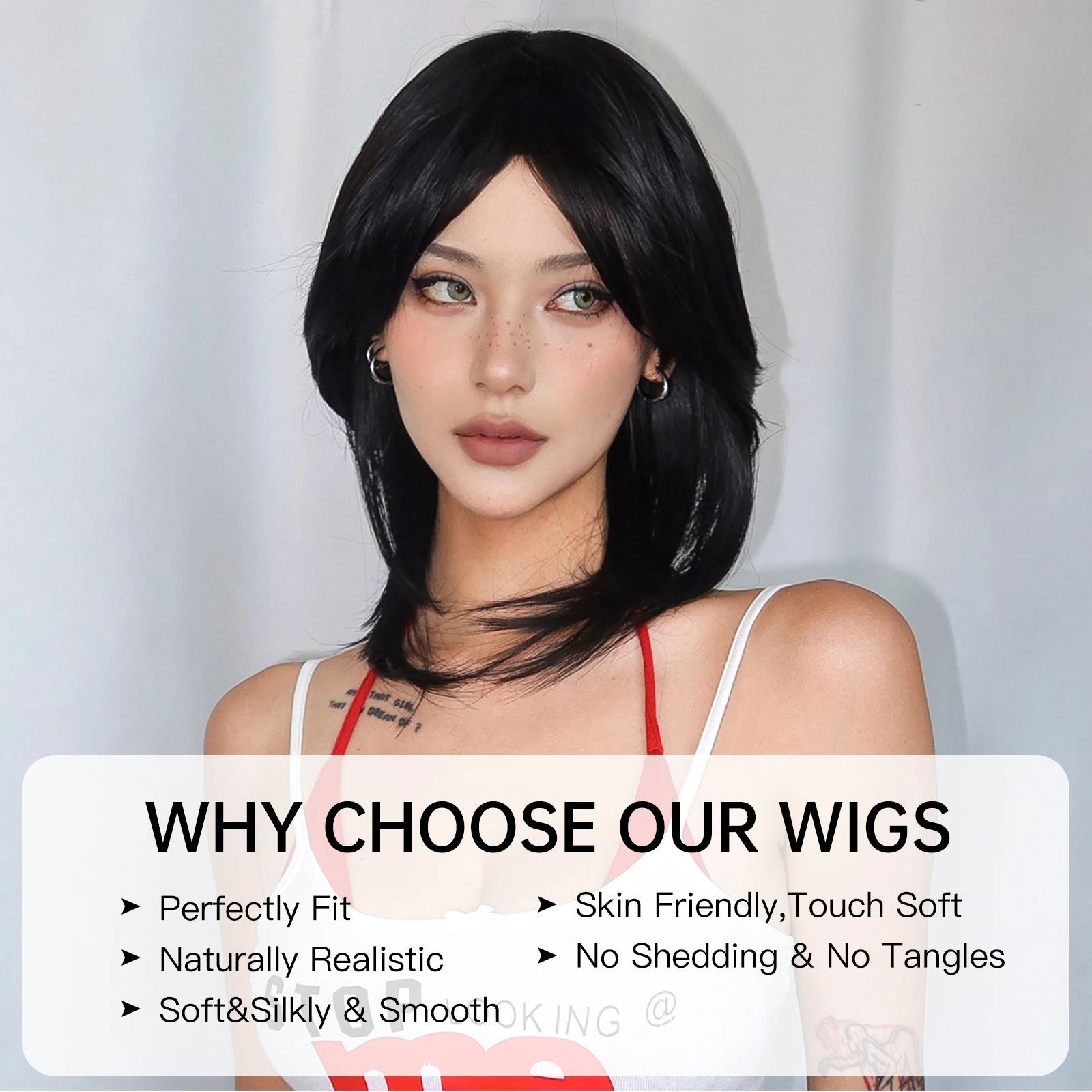 Women's Natural Black Short Straight Wolf Tail Wig with Bangs