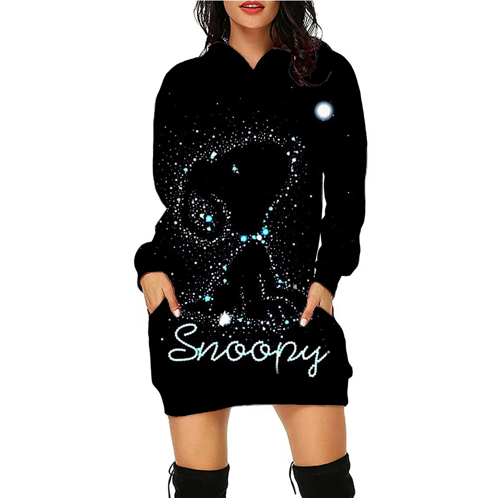 Christmas Autumn and Winter Women\'s Clothing Snoopy Cute Print Disney Women\'s Trendy Hoodie Dress Casual Long Sleeve Dress