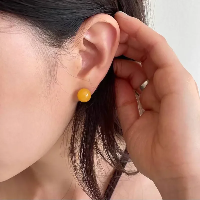 2024 new product stud earrings niche light luxury high-end earrings agate beeswax 925 silver needle temperament versatile