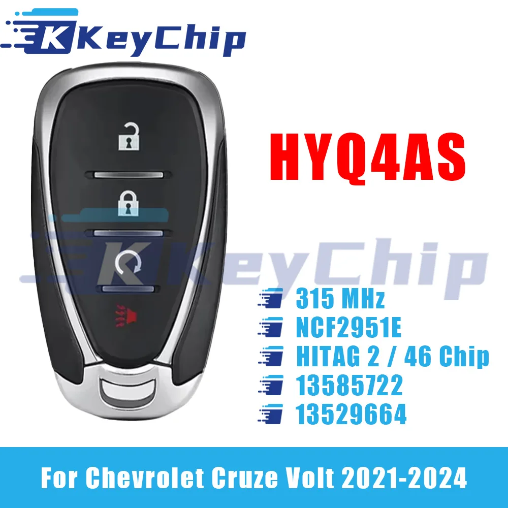 KeyChip Pro para Chevrolet Cruze Volt 2021-2024 3 + 1 botones llave inteligente 315 MHz NCF2951E HITAG 2 46 Chip HYQ4AS 13585722 13529664