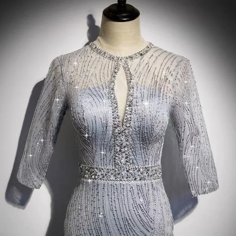 Gorgeous Sexy Round Neck Sequined Mermaid Long Formal Evening Dress Silver