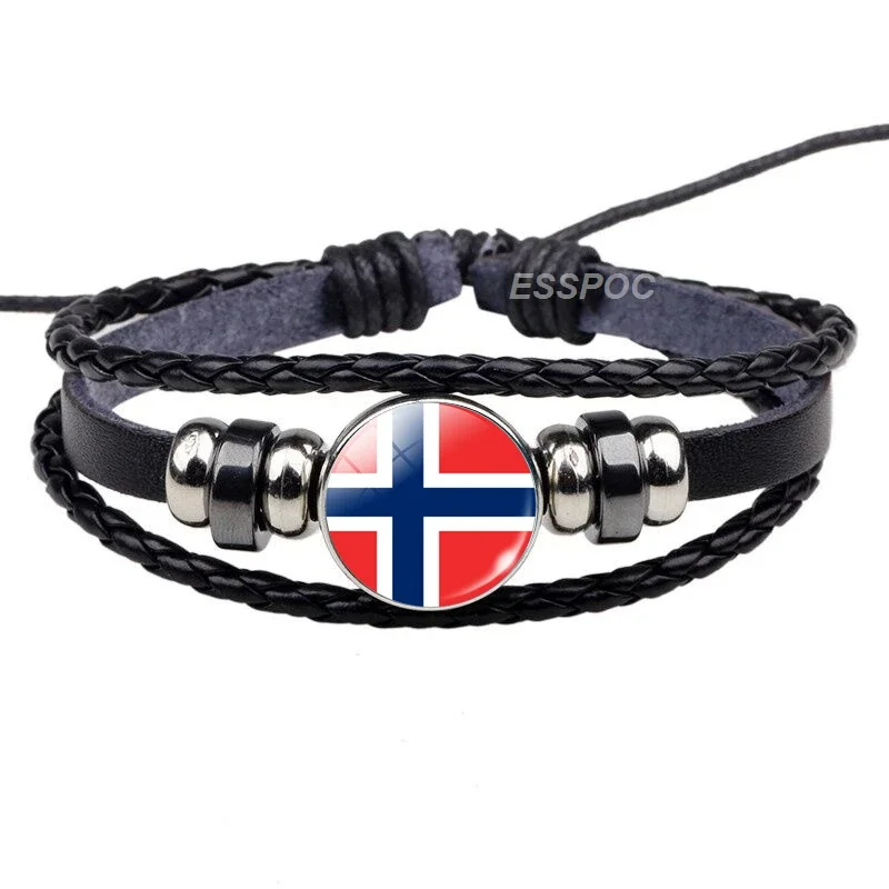 Northern Europe: Denmark Sweden Finland Norway Iceland Flag Black Bracelet Glass Dome Jewelry Leather Button Men Bangle Gifts