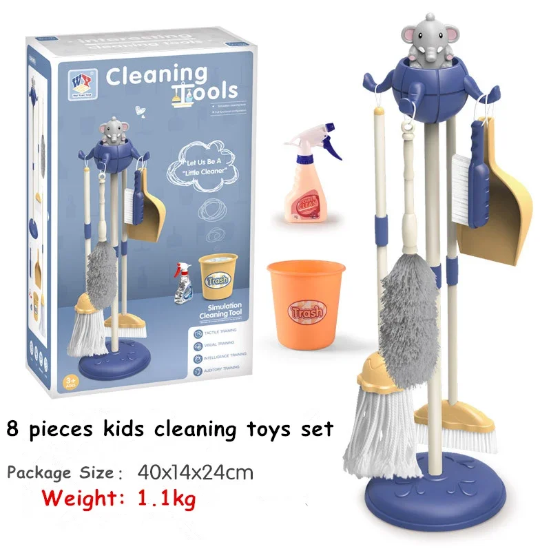 8pcs Kids House Cleaning Tools Kit Simulation Toys Pretend Play Children Broom Holder Spray Bottle Mop Dustpan Novety Gifts 1KG