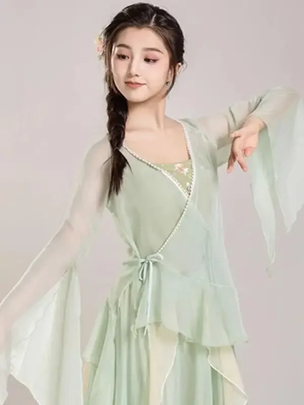 Classical Dance Practice clothes Chinese Dance Suit Body Rhyme Gauze Dress Long Sleeved Performance Costume