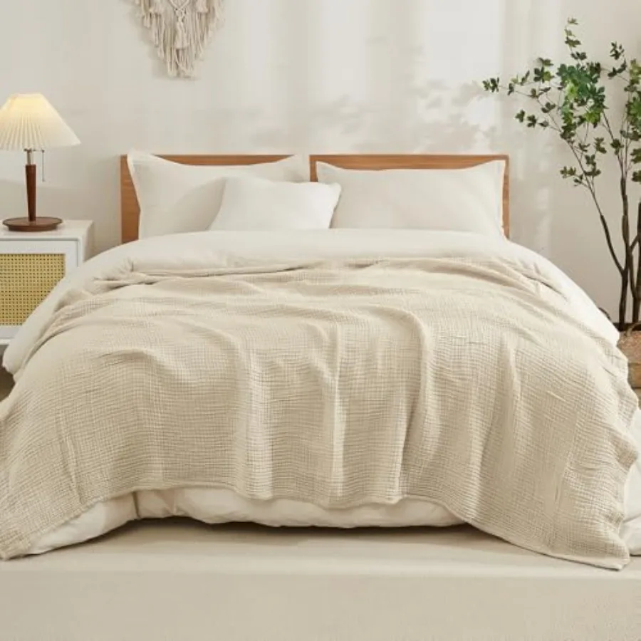 

Cotton Blanket Size for Bed Soft Muslin Blankets 108"x90" Light Tan Lightweight Breathable Layering Bedspread Coverlet All Seas