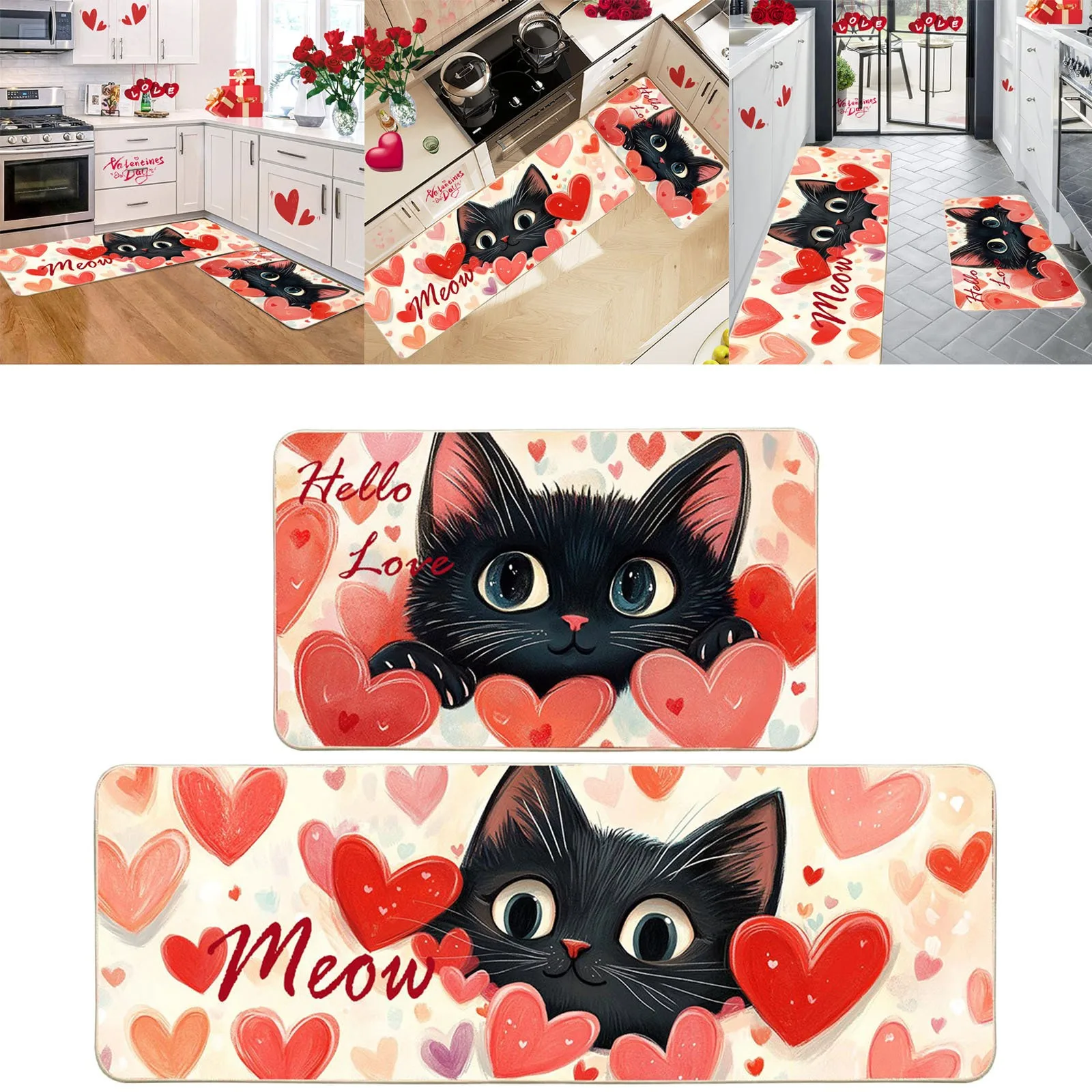 

2pcs Valentines Day Doormat Kitchen Rugs Cat And Mats Decoration Front Door Mat Decorative Non Slip Comfortable Mat Home Carpets