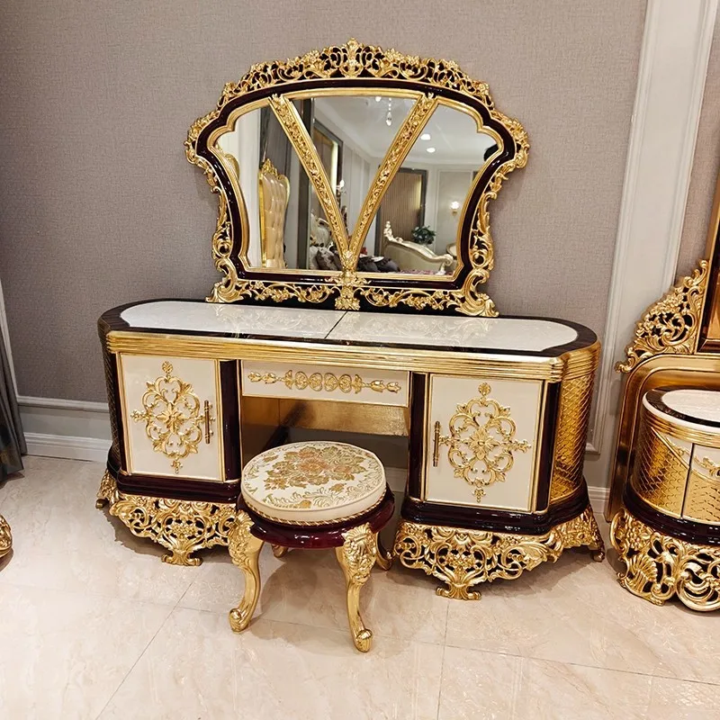 French court style dressing table and stool combination, all solid wood carving and painted gold foil villa luxury furniture
