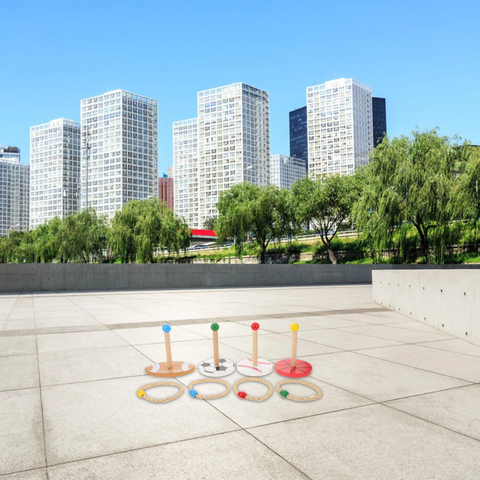 

1 комплект, уличные деревянные кольца для броска, игровые веревочные кольца, в комплект входит баскетбол, регби, футбол, бейсбольная база для газона на заднем дворе, семья на открытом воздухе