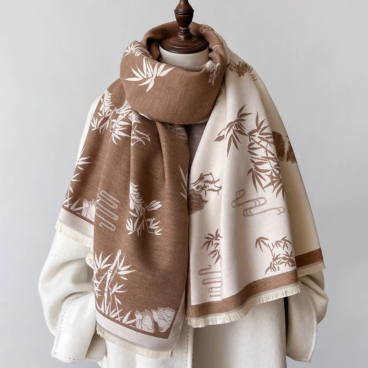 Thick Blanket Winter Warm Scarf for Women Fashion Plant Print Cashmere Shawl Wraps Pashmina Stoles Bufanda Female 2024