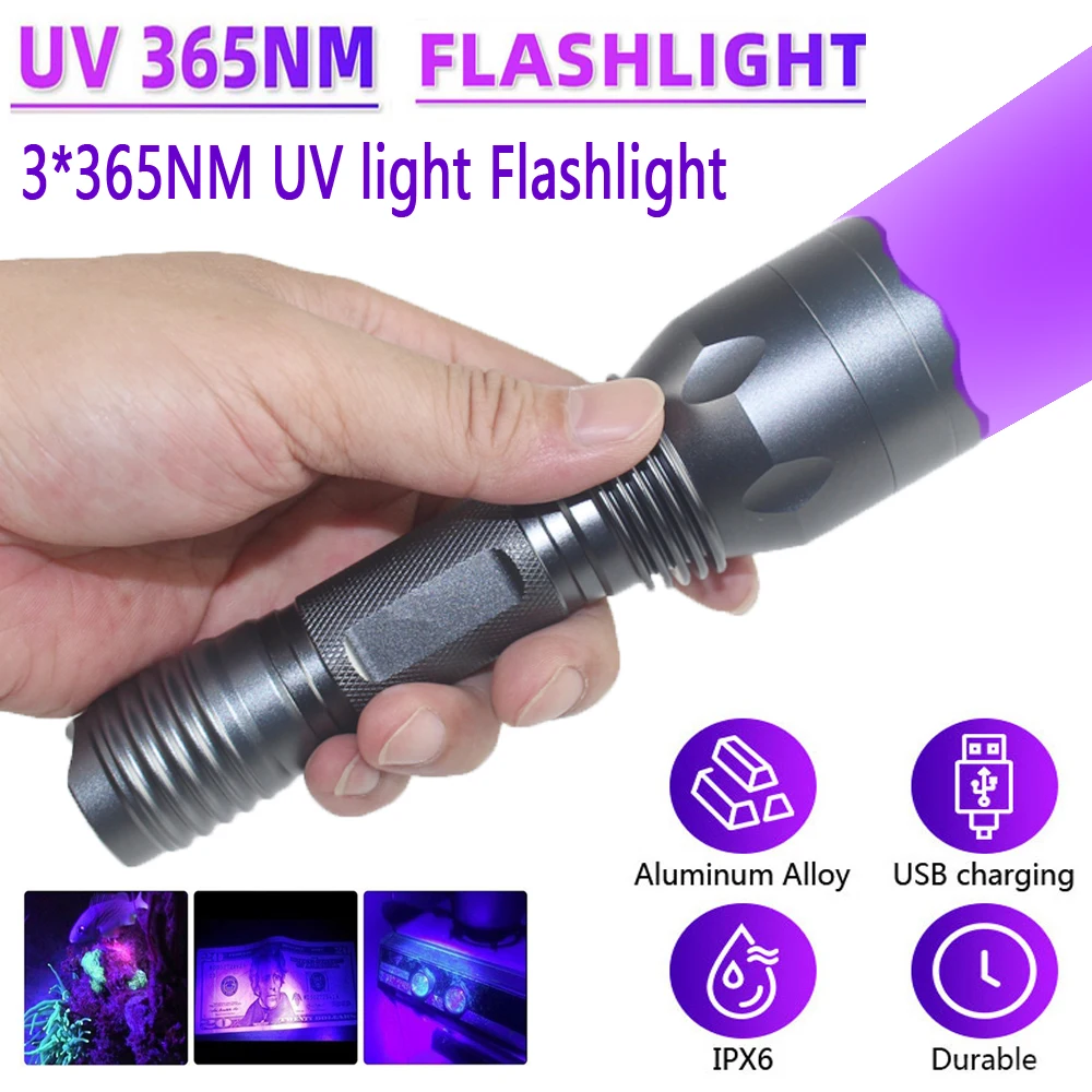 

15W UV 3x365NM Flashlight Blacklight UV Lamp Pet Dog Stains Detector Banknote Inspect Hunting Blood Tracking Light